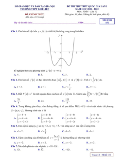 Đề thi thử THPT Quốc gia 2022 môn Toán lần 1 trường THPT Kim Liên, Hà Nội