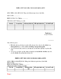 Bộ phiếu góp ý sách giáo khoa Tiếng Anh 8 Cánh Diều