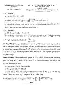 Đề tuyển sinh lớp 10 THPT môn Toán năm 2022 – 2023 sở GD&ĐT Nghệ An