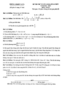 Đề thi thử Toán vào lớp 10 năm 2022 – 2023 phòng GD&ĐT Sa Pa – Lào Cai