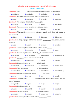 Bài tập trắc nghiệm cấu tạo từ và từ loại 1 trong Tiếng Anh lớp 12 (có đáp án)