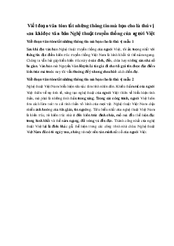 Viết đoạn văn tóm tắt những thông tin mà bạn cho là thú vị sau khi đọc văn bản Nghệ thuật truyền thống của người Việt Ngữ Văn 10 sách Kết Nối Tri Thức