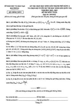 Đề chọn học sinh giỏi thành phố môn Toán năm 2022 – 2023 sở GD&ĐT Hải Phòng