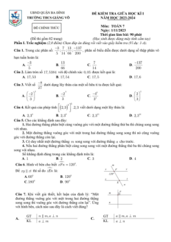 Đề giữa học kì 1 Toán 7 năm 2023 – 2024 trường THCS Giảng Võ – Hà Nội