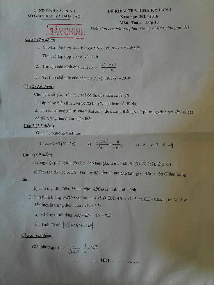 Đề kiểm tra định kỳ lần 1 Toán 10 năm học 2017 – 2018 sở GD và ĐT Bắc Ninh