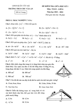 Đề giữa học kỳ 1 Toán 8 năm 2023 – 2024 trường THCS Chu Văn An – Hà Nội