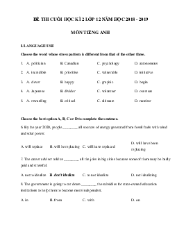 Đề thi học kì 2 lớp 12 môn Tiếng Anh có file nghe năm học 2018 - 2019 số 2(có đáp án)