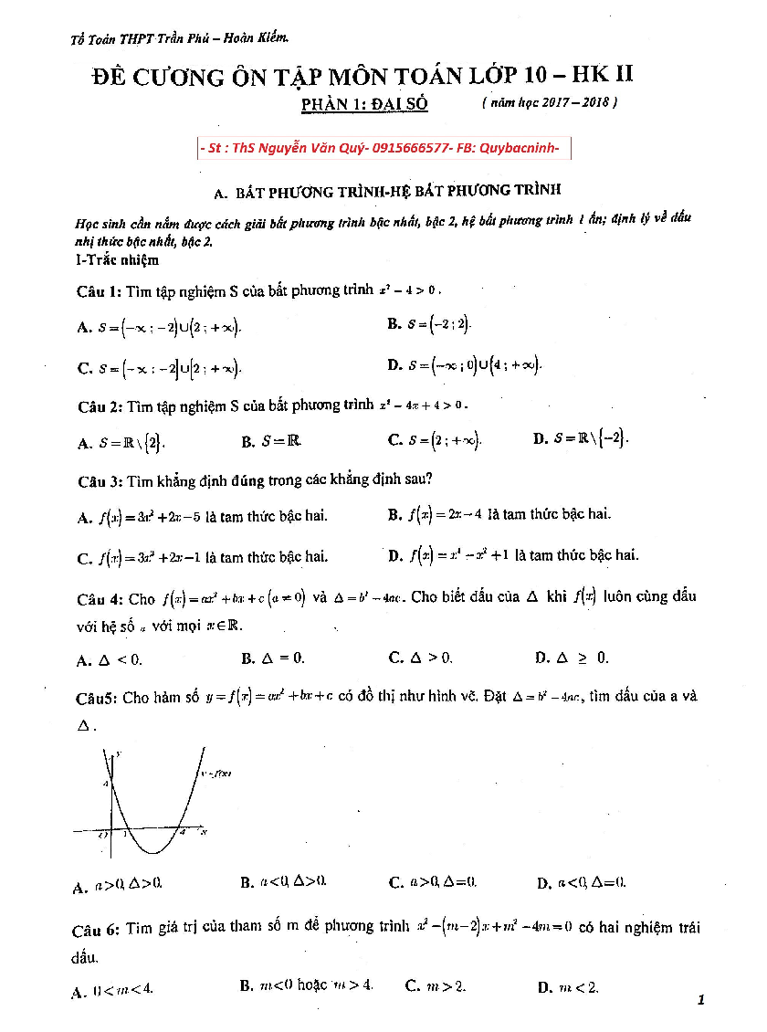 Đề cương ôn tập Toán 10 HK2 năm học 2017 – 2018 trường THPT Trần Phú – Hà Nội