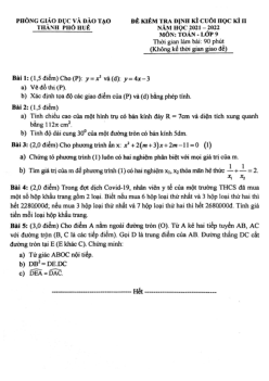 Đề cuối học kì 2 Toán 9 năm 2021 – 2022 phòng GD&ĐT thành phố Huế