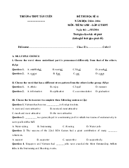 Đề thi học kỳ 2 môn Tiếng Anh lớp 12 trường THPT Tân Uyên, Lai Châu năm học 2015 - 2016