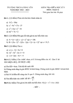 Đề giữa học kì 1 Toán 8 năm 2022 – 2023 trường THCS Lương Yên – Hà Nội