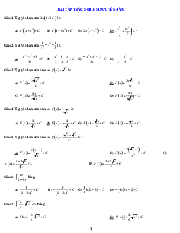 Bài tập trắc nghiệm Toán 12 chương 3: Nguyên hàm - Tích phân và ứng dụng (có đáp án)