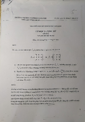 Đề thi cuối kì và đáp án Cơ học lượng tử | Môn Cơ học lượng tử | Trường Đại học Bách Khoa Hà Nội