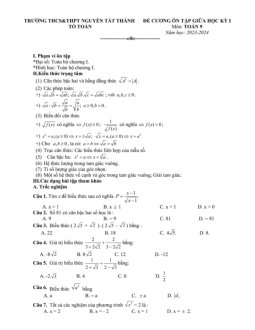 Đề cương giữa kỳ 1 Toán 9 năm 2023 – 2024 trường Nguyễn Tất Thành – Hà Nội