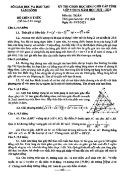 Đề học sinh giỏi cấp tỉnh Toán 9 năm 2022 – 2023 sở GD&ĐT Lâm Đồng