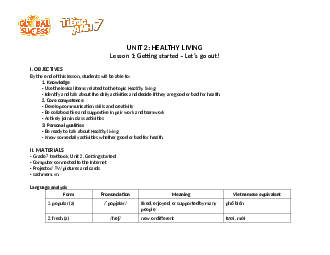 Giáo án Unit 2: Healthy living Tiếng Anh 7 | Global Success