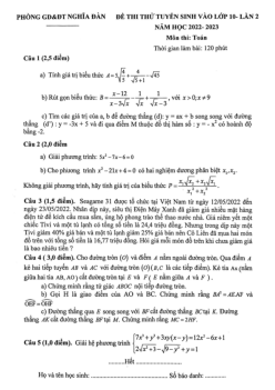 Đề thi thử Toán vào lớp 10 lần 2 năm 2022 – 2023 phòng GD&ĐT Nghĩa Đàn – Nghệ An