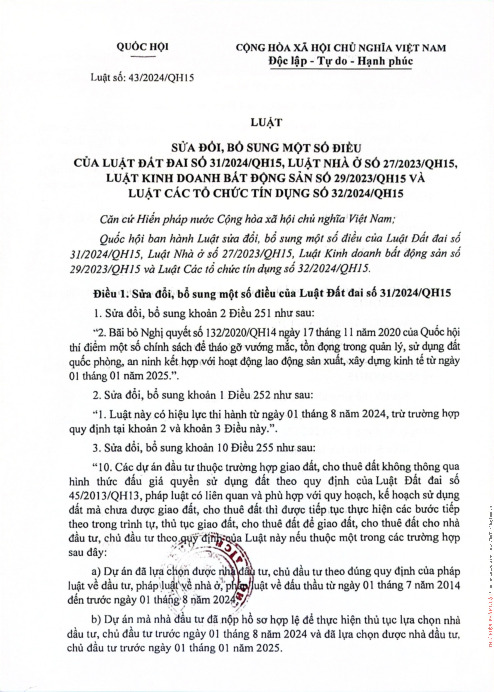 Luật sửa đổi hiệu lực của Luật nhà ở 2023 và Luật KDBĐS 2024 số 43_2024_QH15_612195