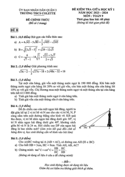 Đề giữa học kỳ 1 Toán 9 năm 2023 – 2024 trường THCS Colette – TP HCM