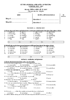 Đề thi HSG Tiếng Anh 12 cấp trường 2022 (có đáp án)