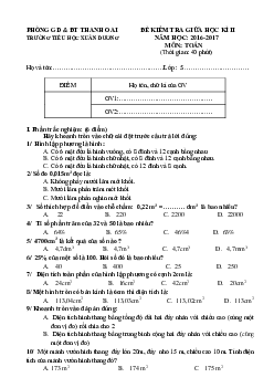 Đề thi giữa học kì 2 môn Toán lớp 5 trường tiểu học Xuân Dương năm 2016-2017