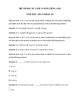 Đề thi tiếng Anh lớp 12 học kì 2 có đáp án năm 2021