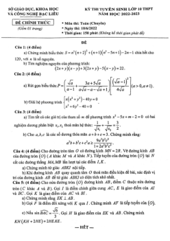 Đề tuyển sinh lớp 10 môn Toán (chuyên) năm 2022 – 2023 sở GDKHCN Bạc Liêu