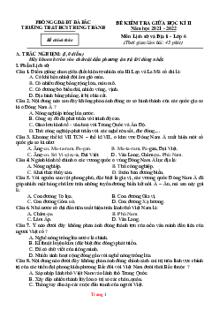 Đề thi giữa kì 2 Sử Địa 6 sách KNTT 2021-2022 (có đáp án và ma trận)