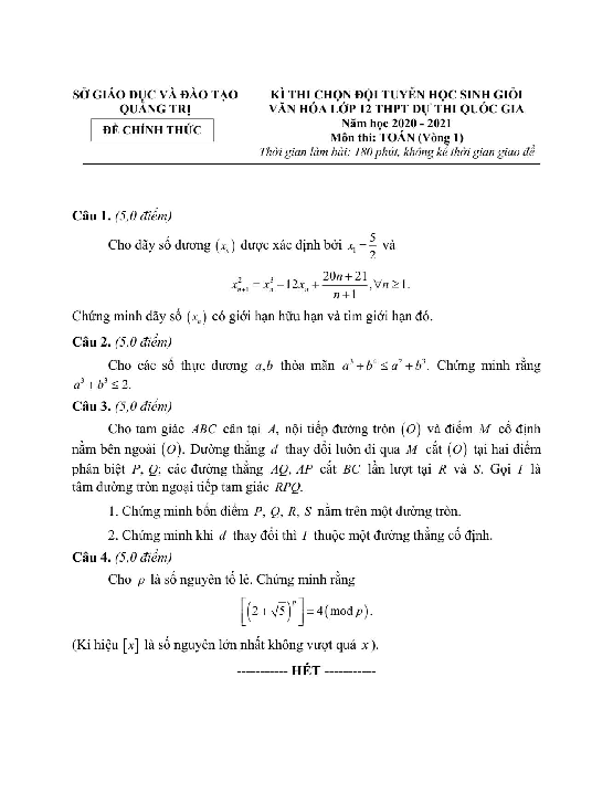 Đề chọn đội tuyển HSG Toán 12 THPT năm 2020 – 2021 sở GD&ĐT Quảng Trị