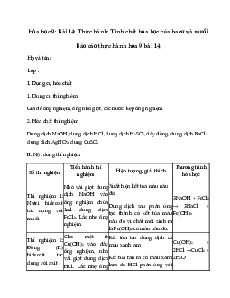 Bản tường trình Hóa học 9 bài 14