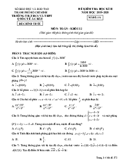 Đề thi học kì 2 Toán 12 năm 2019 – 2020 trường Quốc tế Á Châu – TP HCM
