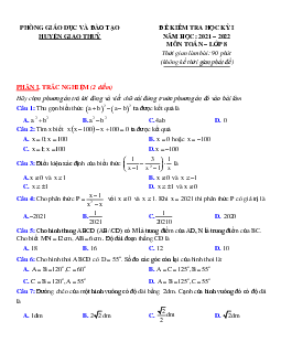 Đề kiểm tra học kỳ 1 Toán 8 năm 2021 – 2022 phòng GD&ĐT Giao Thuỷ – Nam Định