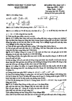 Đề kiểm tra học kỳ 1 Toán 9 năm 2022 – 2023 phòng GD&ĐT Tân Phú – TP HCM