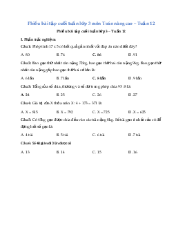 Phiếu bài tập cuối tuần lớp 3 môn Toán - Tuần 12 (Nâng cao) | Kết nối tri thức