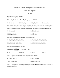 Đề thi khảo sát chất lượng đầu năm lớp 10 môn Hóa 2020 - 2021 - Đề 4