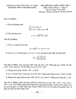 Đề kiểm tra Toán 9 năm 2023 trường chuyên KHTN – Hà Nội (Vòng 1 – Đợt 1)