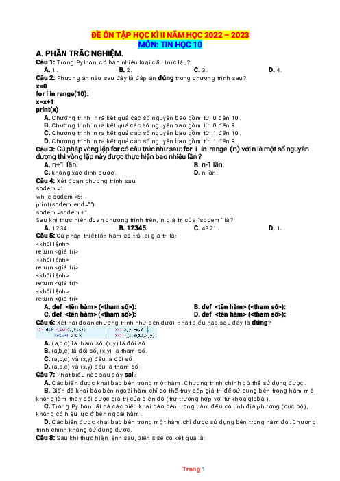 Đề ôn tập học kỳ 2 Tin học 10 Kết nối tri thức (có đáp án)