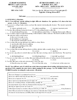 Kì thi năng khiếu lần 1 môn tiếng anh khối 10 năm 2021-2022 chuyên trường THPT nguyễn trãi hải dương (có đáp án)
