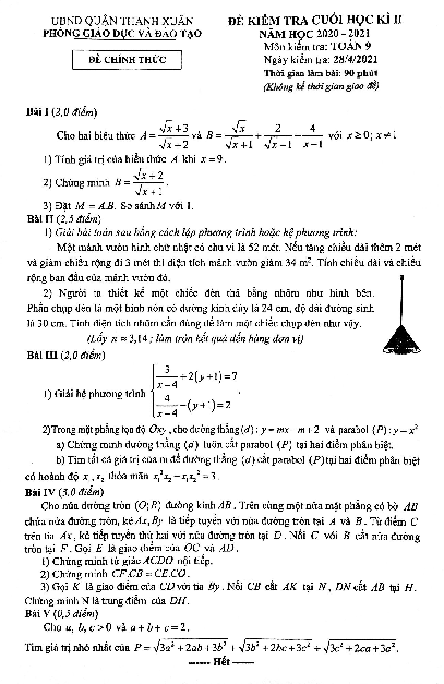 Đề thi cuối học kì 2 Toán 9 năm 2020 – 2021 phòng GD&ĐT Thanh Xuân – Hà Nội