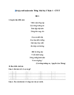 Bài tập cuối tuần lớp 3 môn Tiếng Việt Chân trời sáng tạo - Tuần 1