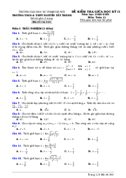 Đề thi giữa kỳ 2 Toán 11 năm 2020 – 2021 trường Nguyễn Tất Thành – Hà Nội