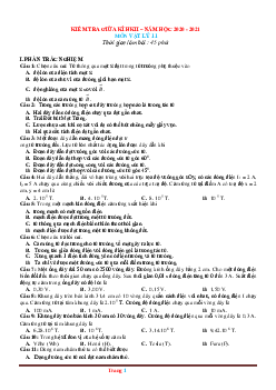 Đề kiểm tra giữa học kỳ 2 Vật lí 11 năm học 2020-2021 có đáp án (đề 1)