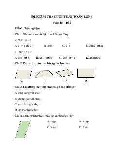 Bài tập cuối tuần Toán lớp 4 Kết nối tri thức - Tuần 15 (Cơ bản)