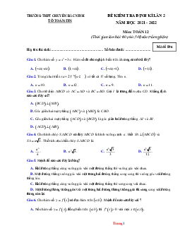Đề thi thử tốt nghiệp THPT 2022 môn Toán Chuyên Bắc Ninh lần 2 (có đáp án)