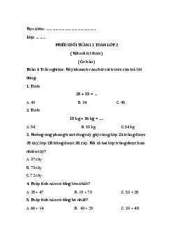 Bài tập cuối tuần Toán lớp 2 Kết nối Tri thức Tuần 11