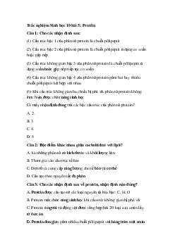 Trắc nghiệm Sinh học 10 bài 5: Protein