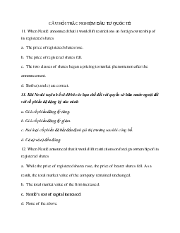 Ngân hàng câu hỏi trắc nghiệm môn Đầu tư Quốc tế | Đại học Thương Mại