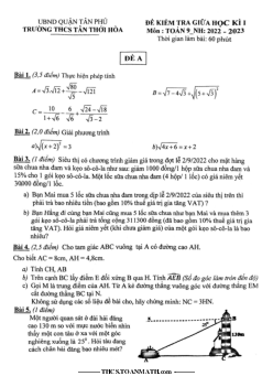 Đề giữa học kì 1 Toán 9 năm 2022 – 2023 trường THCS Tân Thới Hòa – TP HCM