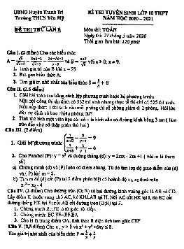 Đề thi thử Toán tuyển sinh lớp 10 năm 2020 – 2021 trường THCS Yên Mỹ – Hà Nội