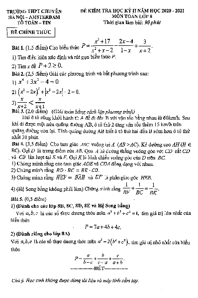 Đề thi học kỳ 2 Toán 8 năm 2020 – 2021 trường chuyên Hà Nội – Amsterdam